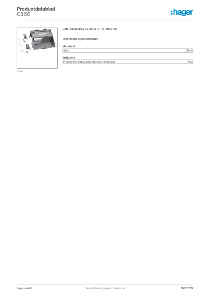 Afbeelding Hager Productdatablad G3193 | Hager Nederland