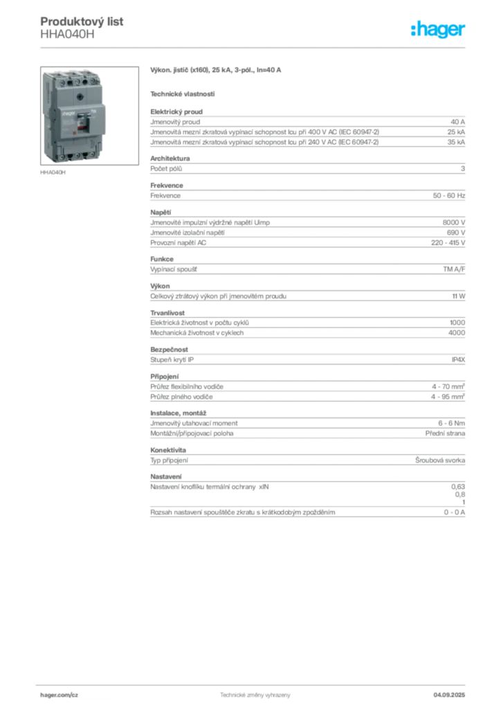Obrázek Hager Produktový list HHA040H | Hager