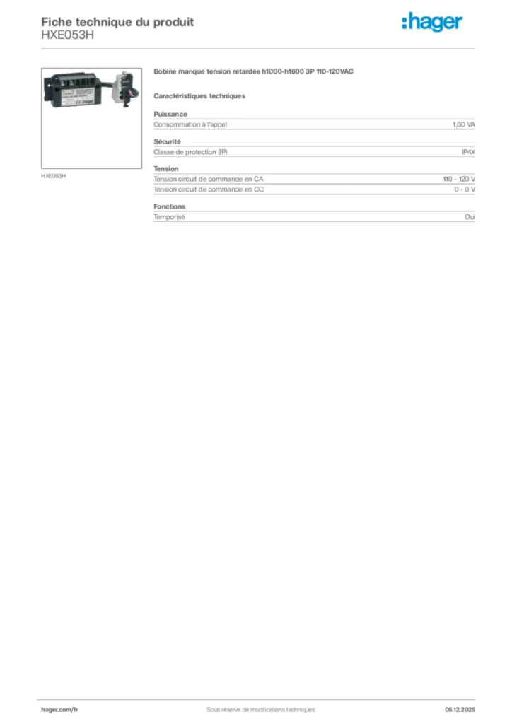 Image Hager Fiche technique du produit HXE053H | Hager France