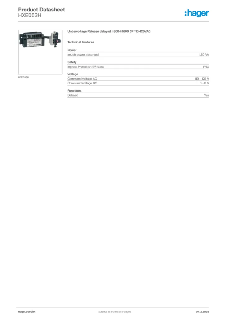 Image Hager Product data sheet HXE053H  | Hager