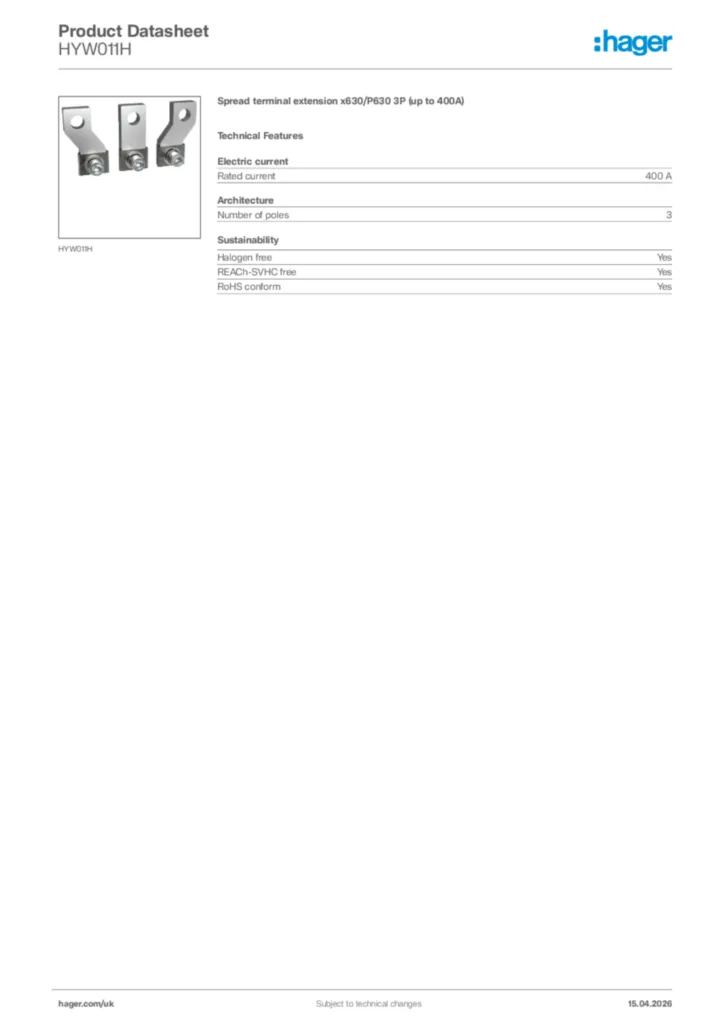 Image Hager Product data sheet HYW011H  | Hager