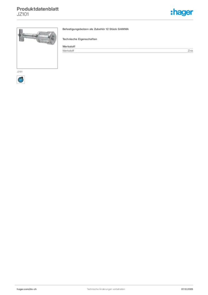 Bild Hager Produktdatenblatt JZ101 | Hager Schweiz