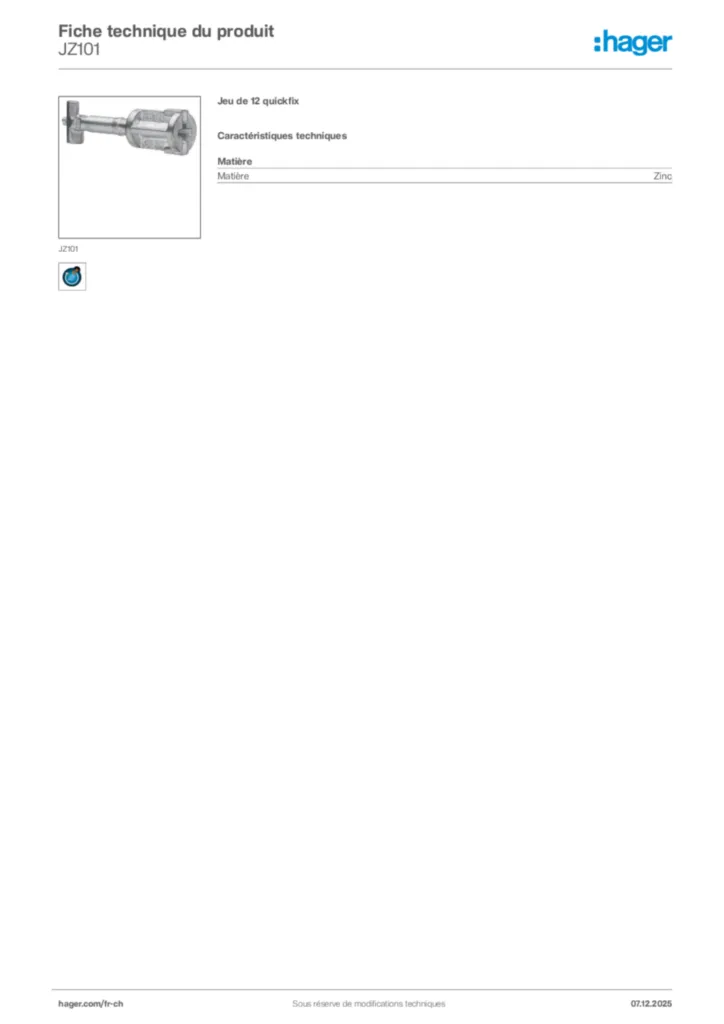 Image Hager Fiche technique du produit JZ101 | Hager Suisse