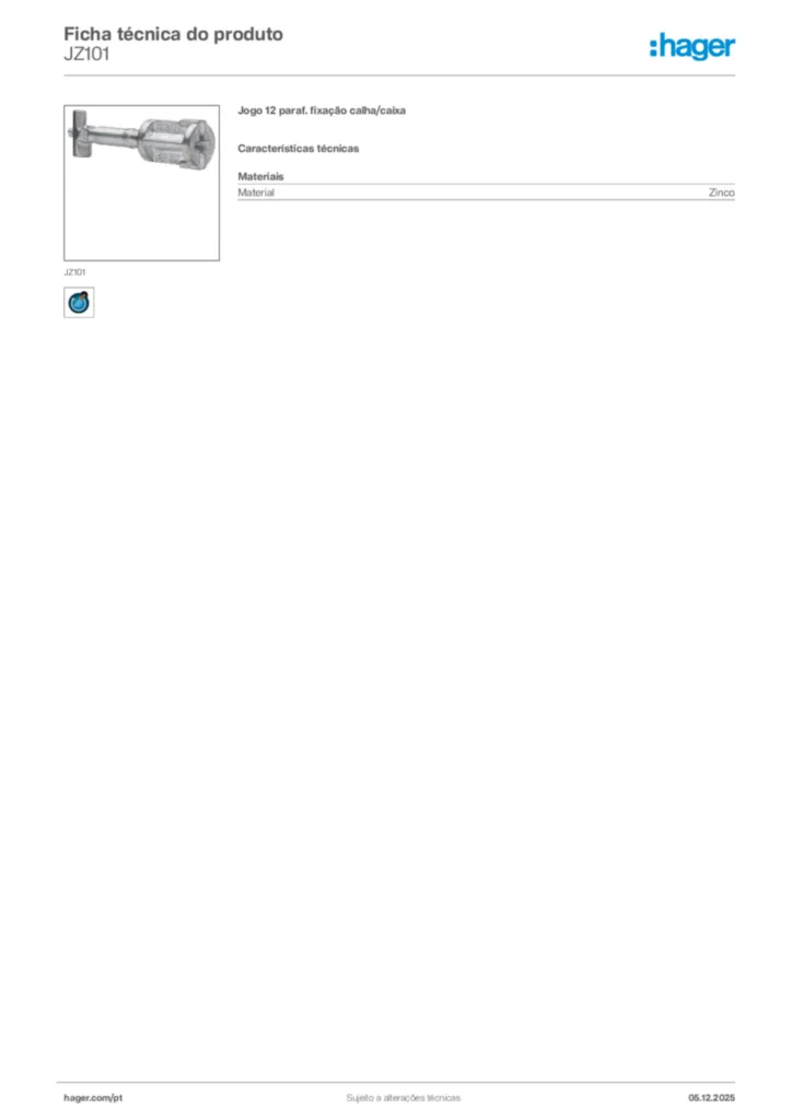 Imagem Hager Ficha técnica do produto JZ101 | Hager Portugal