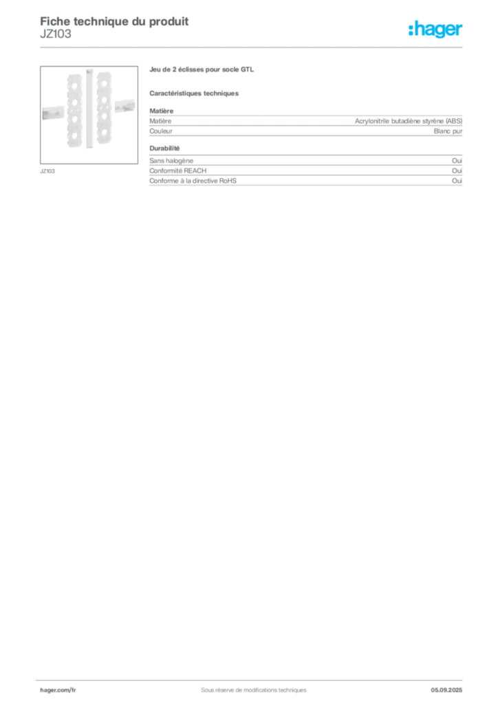Image Hager Fiche technique du produit JZ103 | Hager France