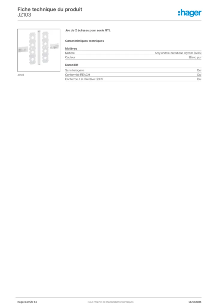 Image Hager Fiche technique du produit JZ103 | Hager Belgique