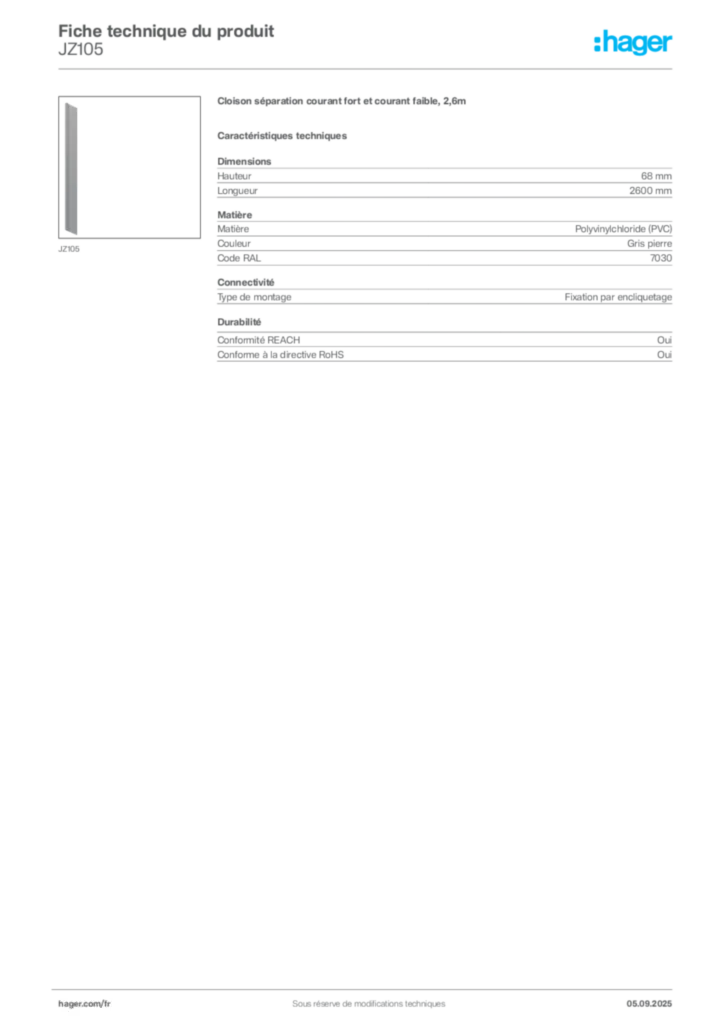 Image Hager Fiche technique du produit JZ105 | Hager France