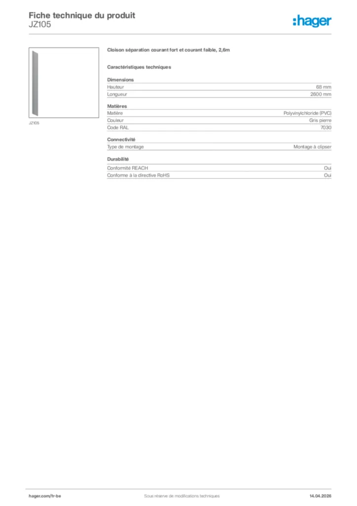 Image Hager Fiche technique du produit JZ105 | Hager Belgique