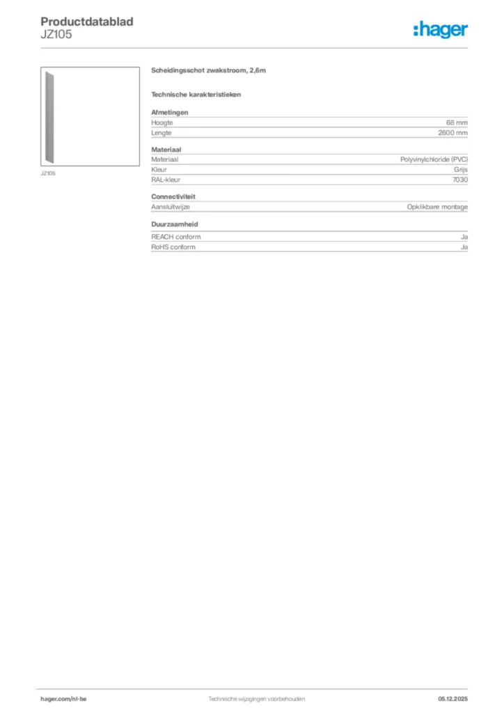 Afbeelding Hager Productdatablad JZ105 | Hager Belgium