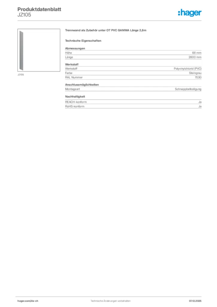 Bild Hager Produktdatenblatt JZ105 | Hager Schweiz