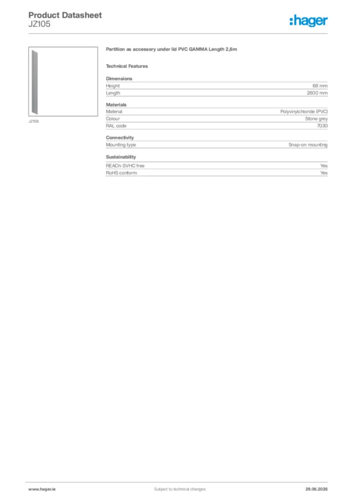 Image Hager Product data sheet JZ105  | Hager