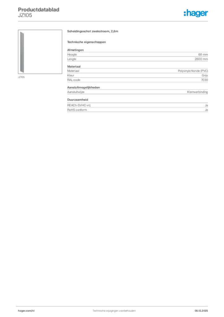 Afbeelding Hager Productdatablad JZ105 | Hager Nederland