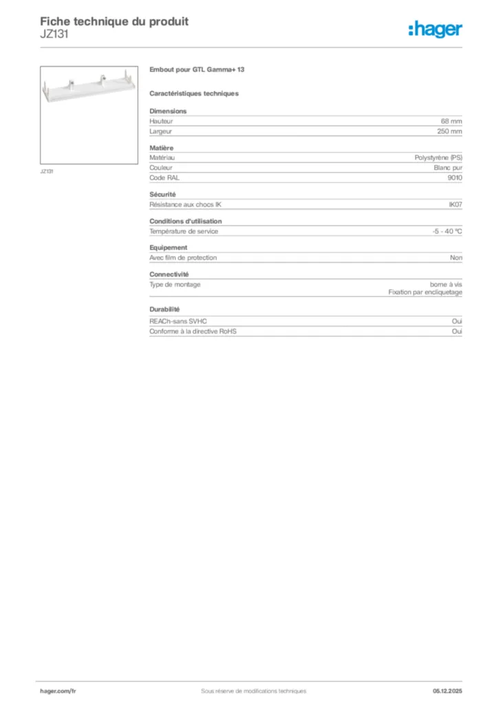 Image Hager Fiche technique du produit JZ131 | Hager France