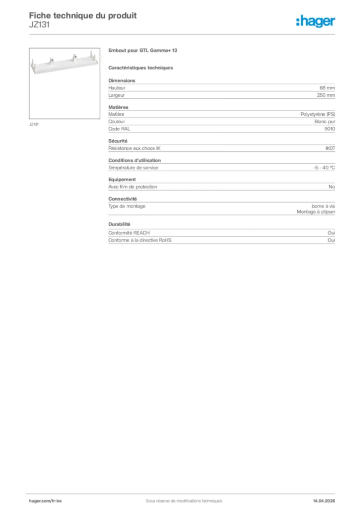 Image Hager Fiche technique du produit JZ131 | Hager Belgique