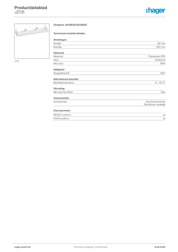 Afbeelding Hager Productdatablad JZ131 | Hager Belgium