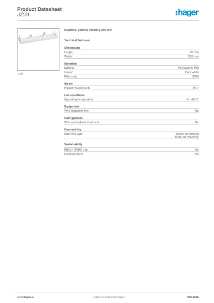 Image Hager Product data sheet JZ131  | Hager