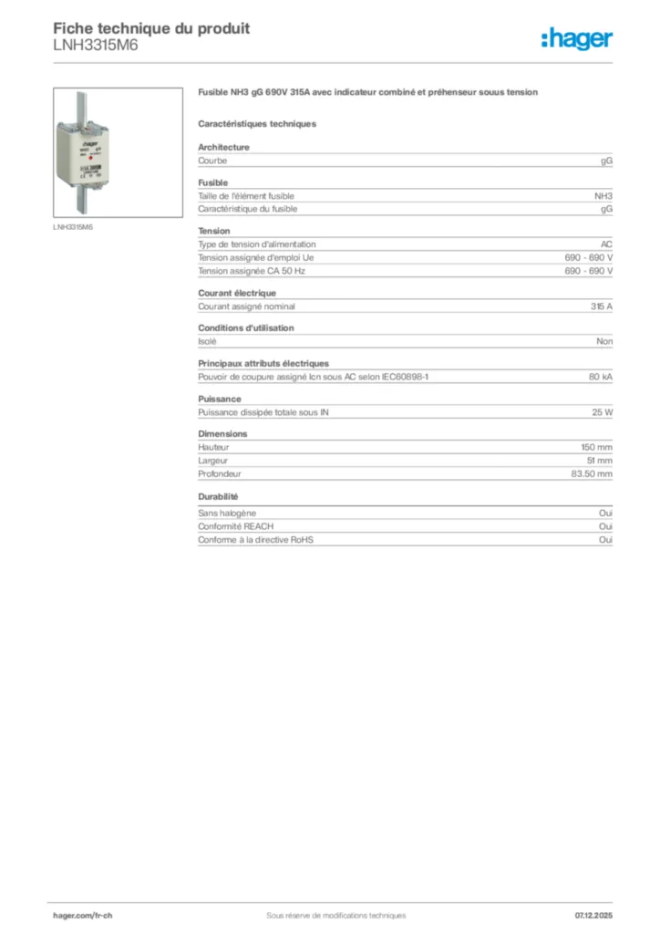 Image Hager Fiche technique du produit LNH3315M6 | Hager Suisse