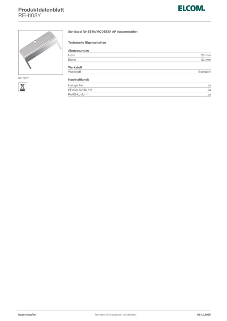 Bild Elcom Produktdatenblatt REH108Y | Hager Deutschland