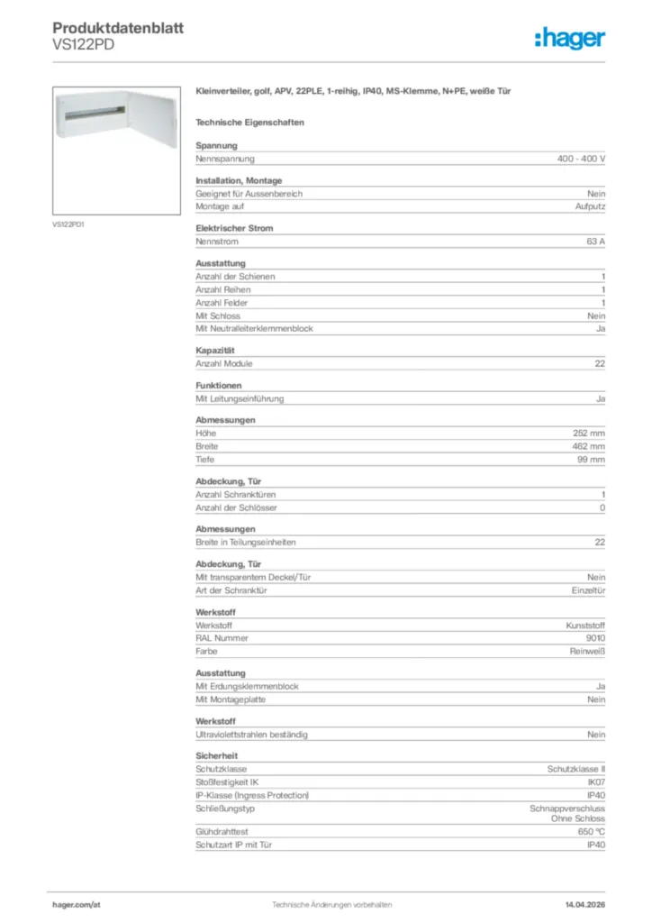 Bild Hager Produktdatenblatt VS122PD | Hager Deutschland