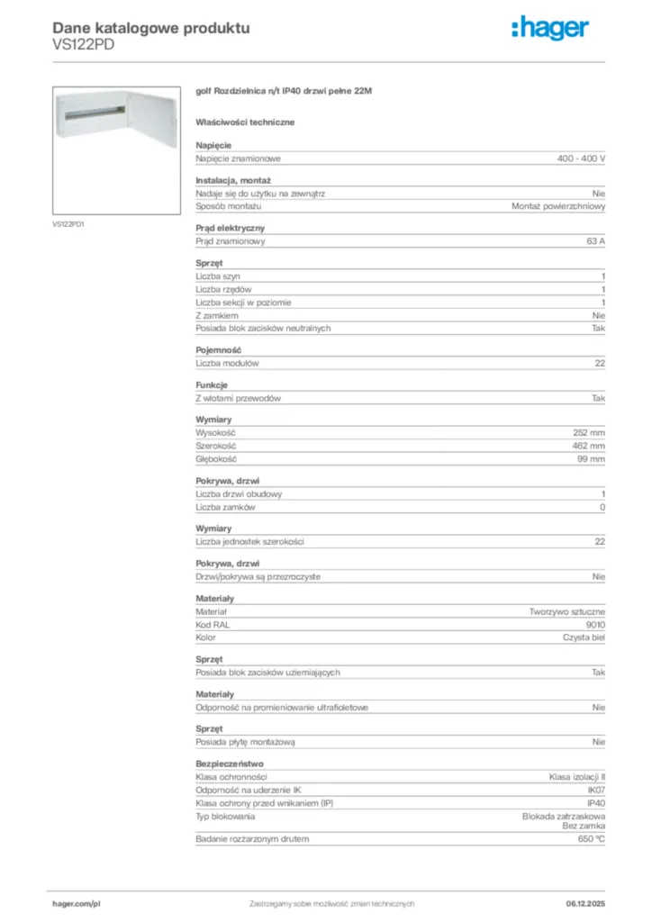 Zdjęcie Hager Karta katalogowa VS122PD | Hager Polska