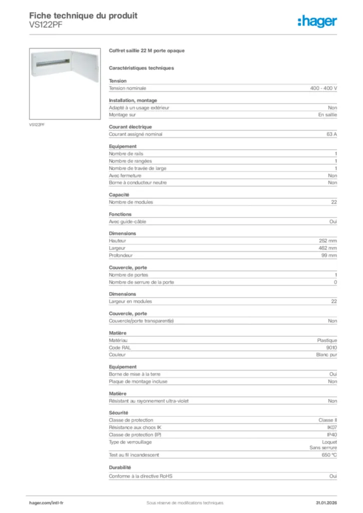 Image Hager Fiche technique du produit VS122PF | Hager Afrique