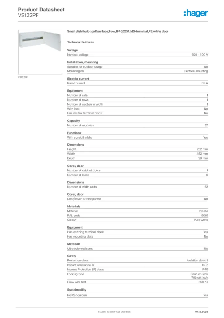 Image Hager Product data sheet VS122PF  | Hager