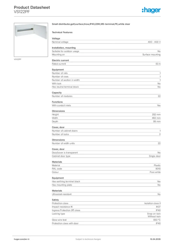 Image Hager Product data sheet VS122PF  | Hager