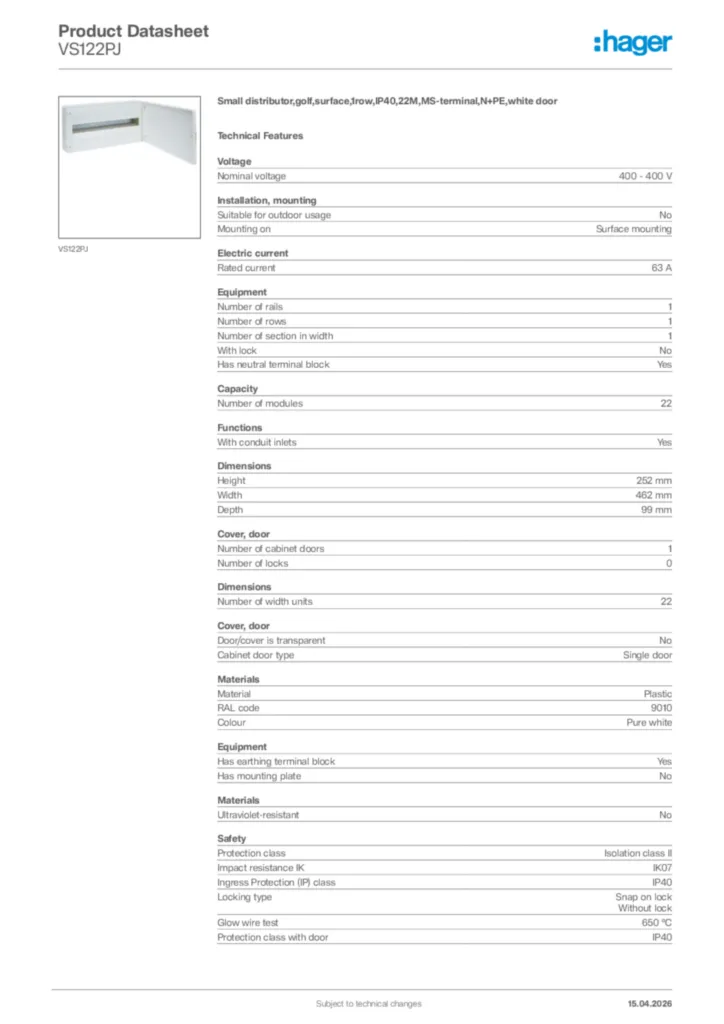 Image Hager Product data sheet VS122PJ  | Hager Africa