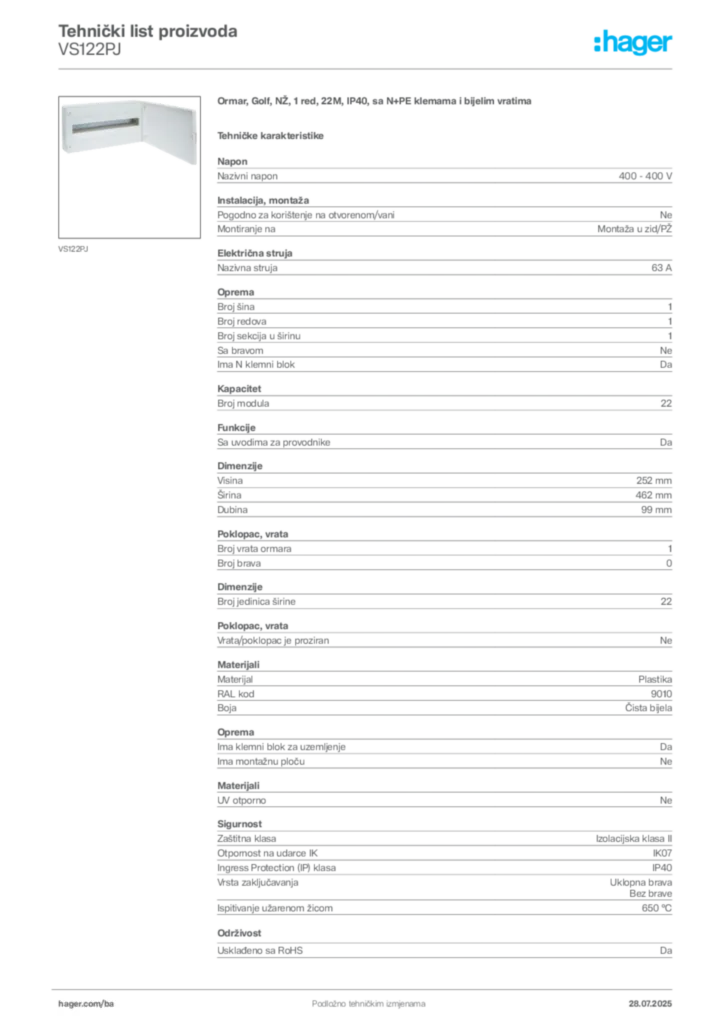 Slika Hager Product data sheet VS122PJ  | Hager