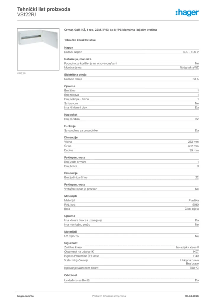 Slika Hager Tehnički list proizvoda VS122PJ  | Hager