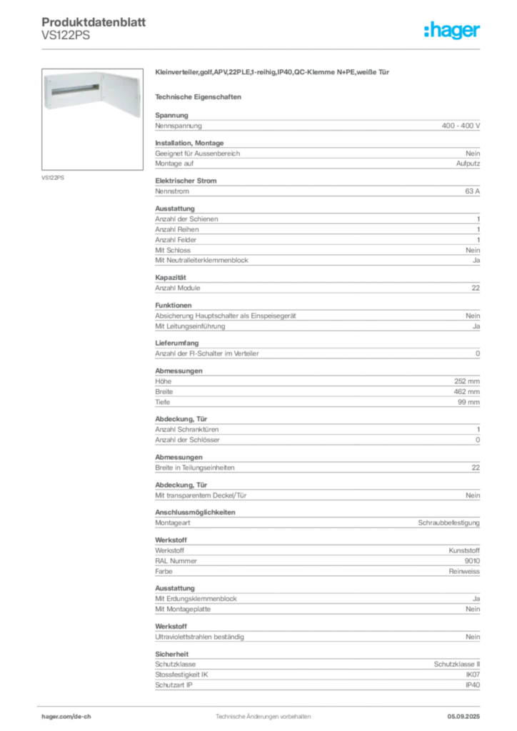 Bild Hager Produktdatenblatt VS122PS | Hager Schweiz