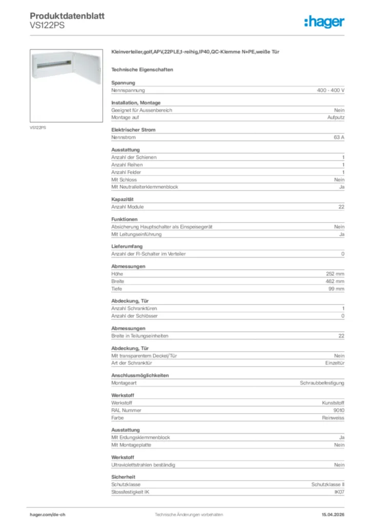 Bild Hager Produktdatenblatt VS122PS | Hager Schweiz