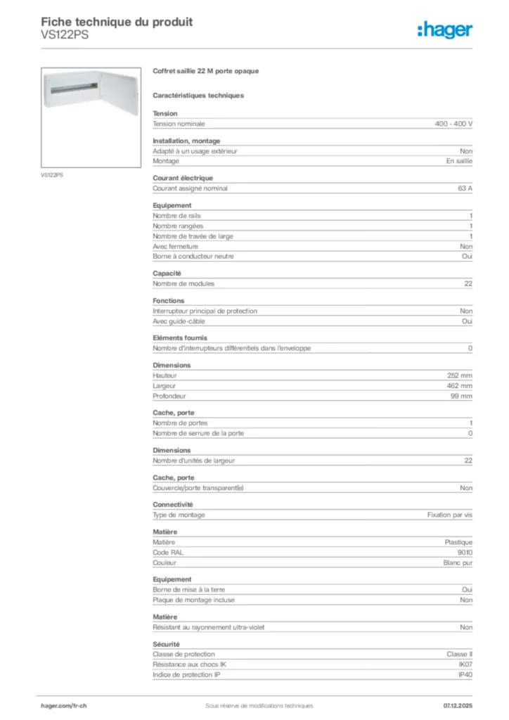 Image Hager Fiche technique du produit VS122PS | Hager Suisse