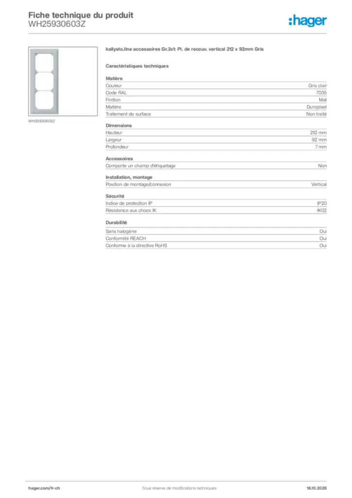 Image Hager Fiche technique du produit WH25930603Z | Hager Suisse
