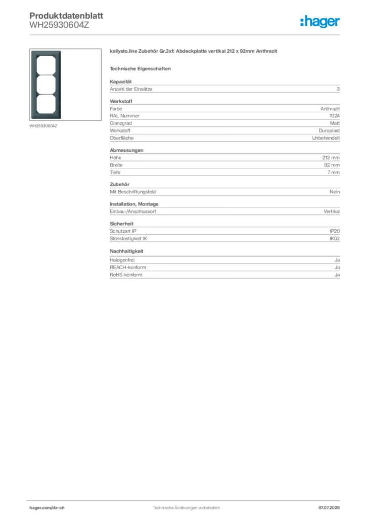 Bild Hager Produktdatenblatt WH25930604Z | Hager Schweiz