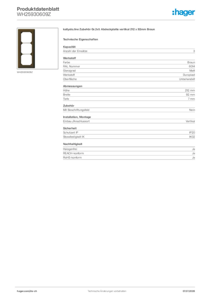 Bild Hager Produktdatenblatt WH25930609Z | Hager Schweiz