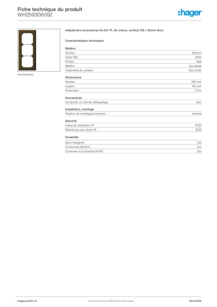 Image Hager Fiche technique du produit WH25930609Z | Hager Suisse