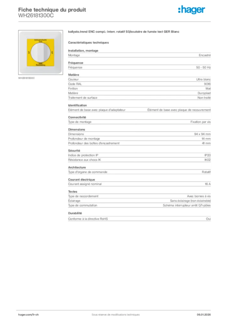 Image Hager Fiche technique du produit WH26181300C | Hager Suisse