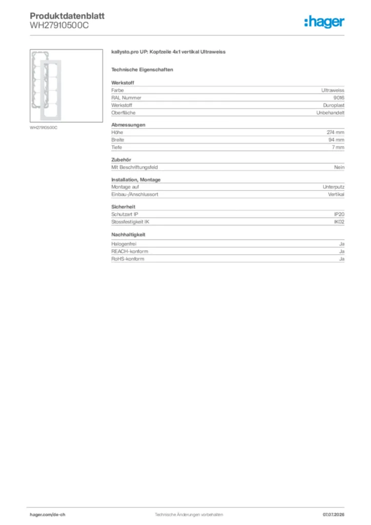 Bild Hager Produktdatenblatt WH27910500C | Hager Schweiz