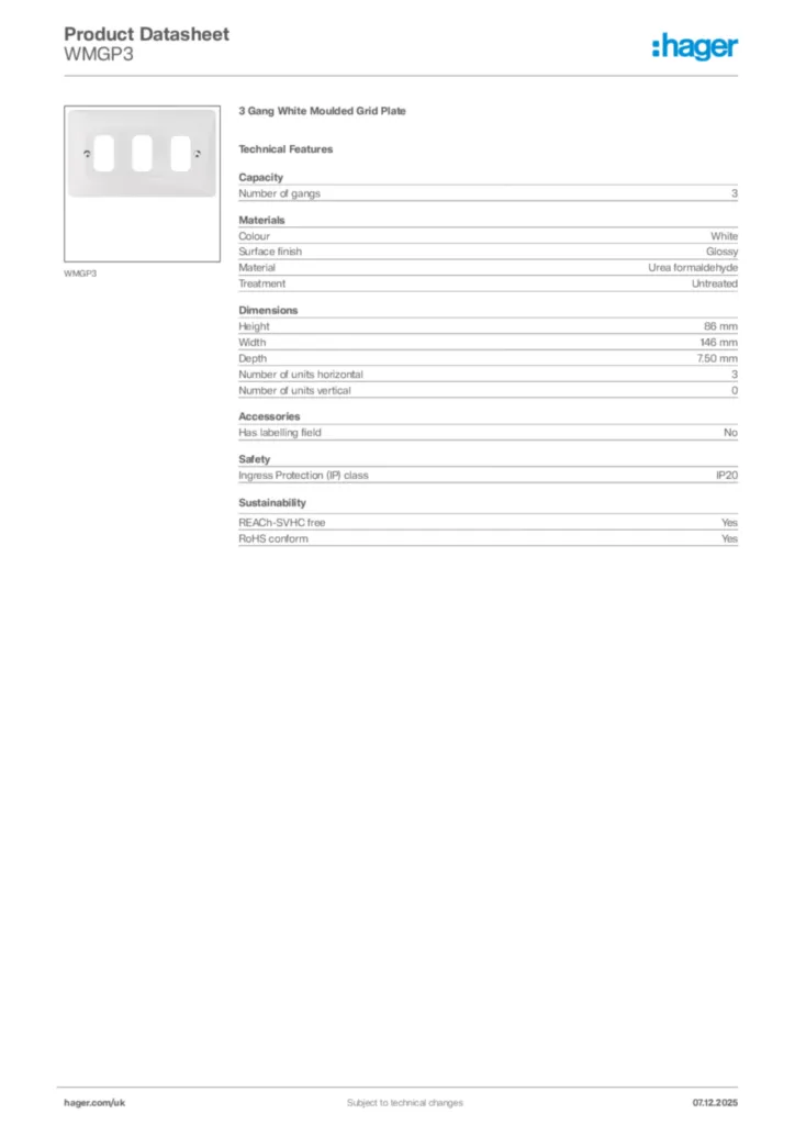 Image Hager Product data sheet WMGP3  | Hager
