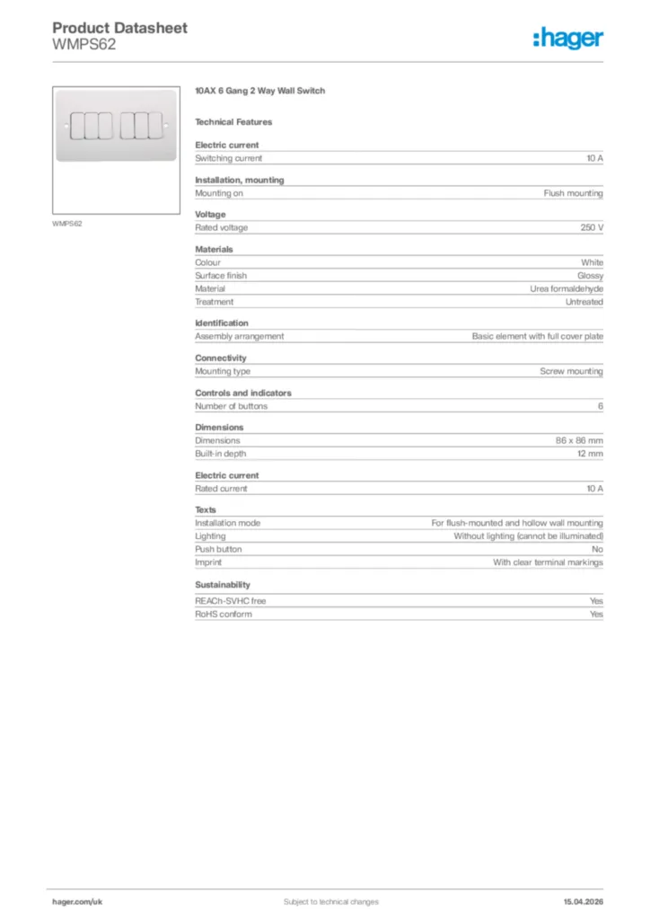 Image Hager Product data sheet WMPS62  | Hager