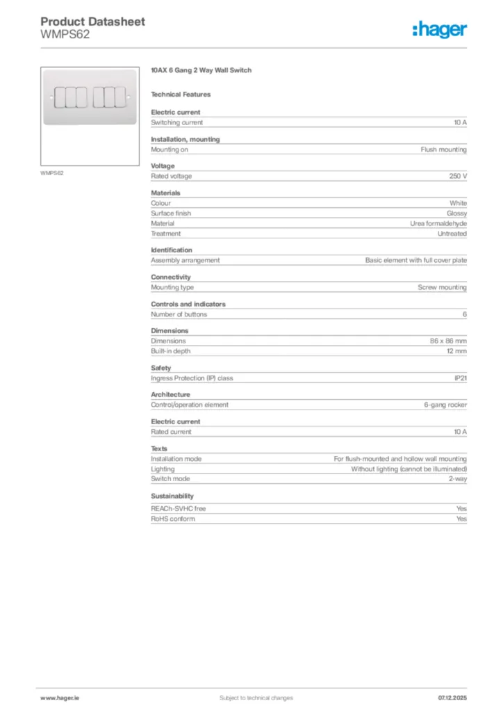 Image Hager Product data sheet WMPS62  | Hager