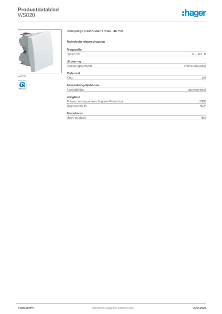 Afbeelding Hager Productdatablad WS020 | Hager Nederland