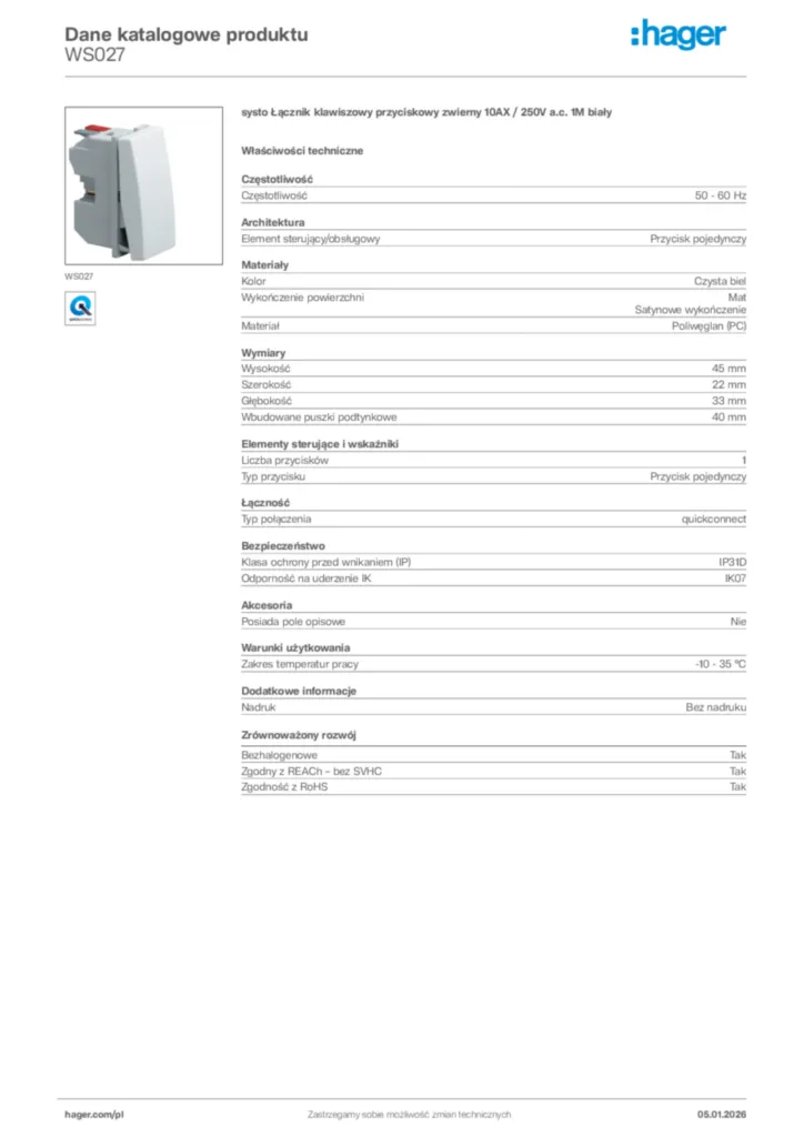 Zdjęcie Hager Karta katalogowa WS027 | Hager Polska