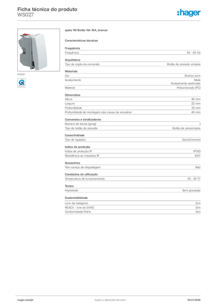 Imagem Hager Ficha técnica do produto WS027 | Hager Portugal