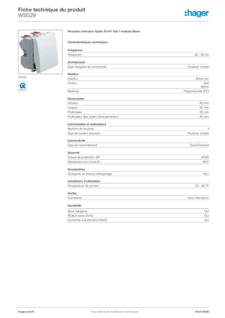 Image Hager Fiche technique du produit WS029 | Hager France