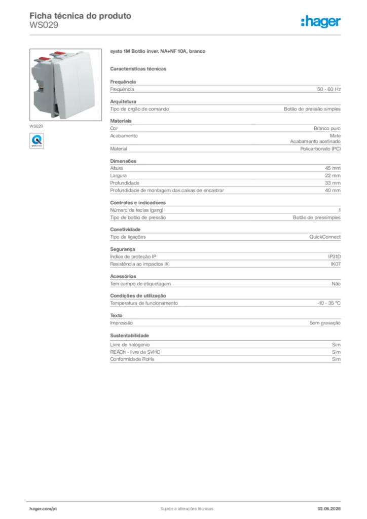 Imagem Hager Ficha técnica do produto WS029 | Hager Portugal