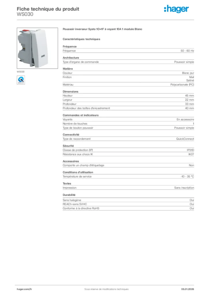 Image Hager Fiche technique du produit WS030 | Hager France