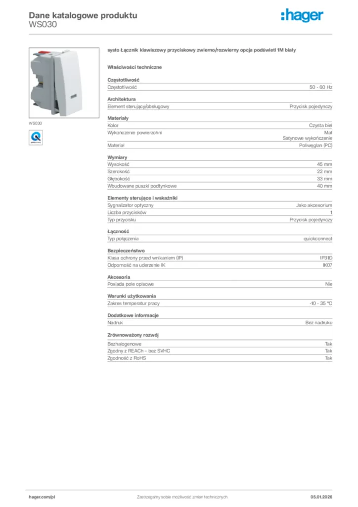 Zdjęcie Hager Karta katalogowa WS030 | Hager Polska