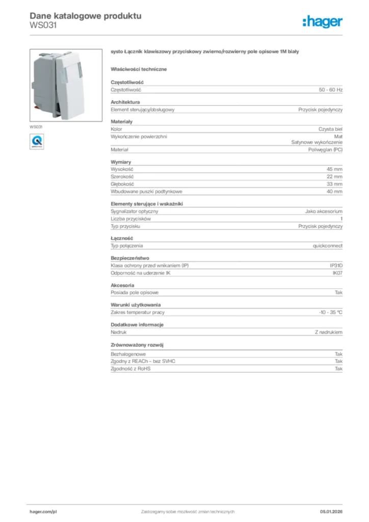 Zdjęcie Hager Karta katalogowa WS031 | Hager Polska